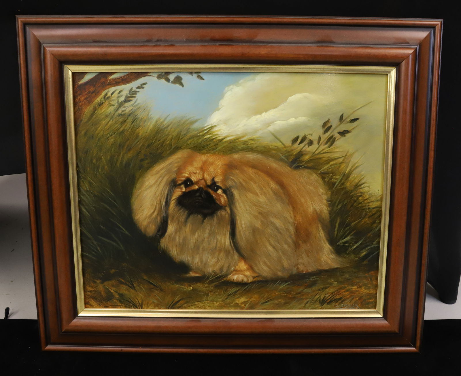 PAINTING ON BOARD PEKINGESE DOG: CONTEMPORARY PAINTING SIGNED J. SATTLER OVERALL 21 3/4" X 25 3/4" PLEASE READ CAREFULLY - Terms for Purchasing and Shipping of Auction Items. Please read carefully before bidding. Hartzell’s Auction