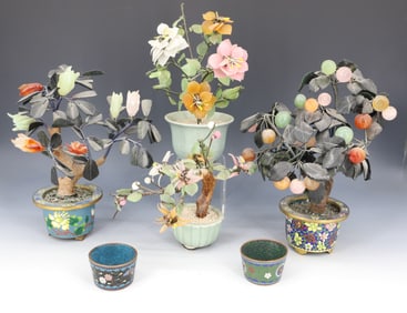 (4) ASIAN HARDSTONE PLANTS IN POTS