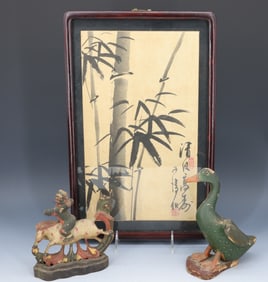 (3) CHINESE WATERCOLOR, CARVED FIGURINES