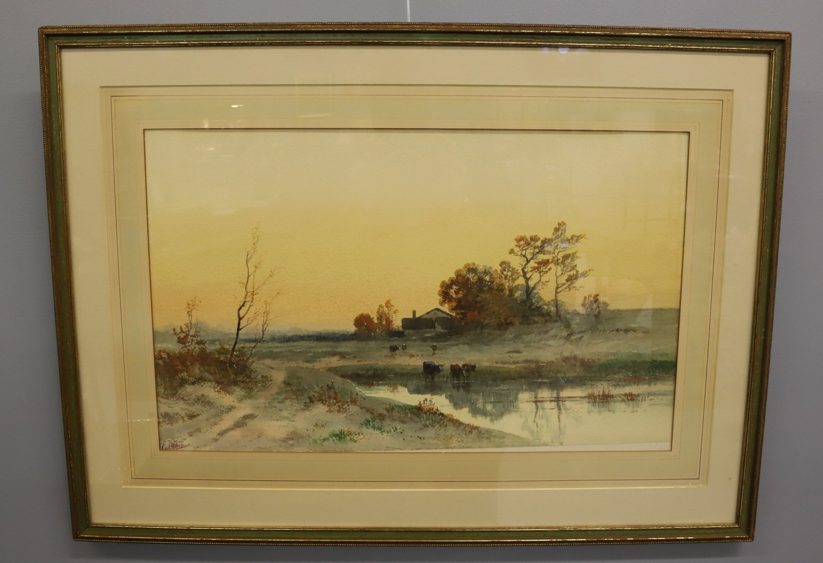 CARL WEBER PASTORAL WATERCOLOR: RURAL SETTING HOUSE AND COWS AT WATERS EDGE VIEW SIGHT 12" X 19 3/4" OVERALL 19 3/4" X 27 GOLD GESSO FRAME PLEASE READ CAREFULLY - Terms for Purchasing and Shipping of Auction Items. Please read caref