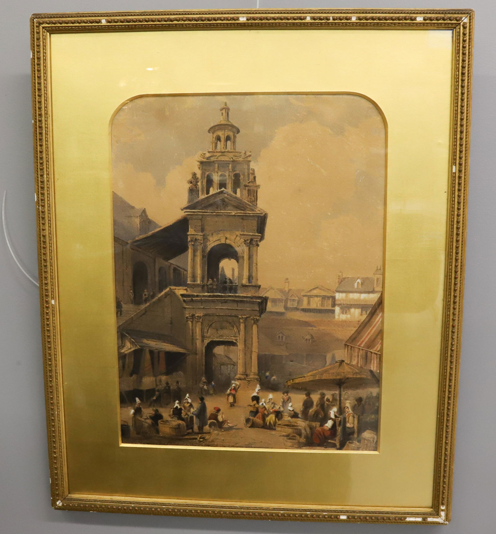 SAMUEL PROUT WATERCOLOR: SAINT ROMAIN OPEN MARKET VIEW SIGHT 19 3/4" X 14 1/2" OVERALL 28" X 23" FRAMED GOLD GESSO FRAME PLEASE READ CAREFULLY - Terms for Purchasing and Shipping of Auction Items. Please read carefully before