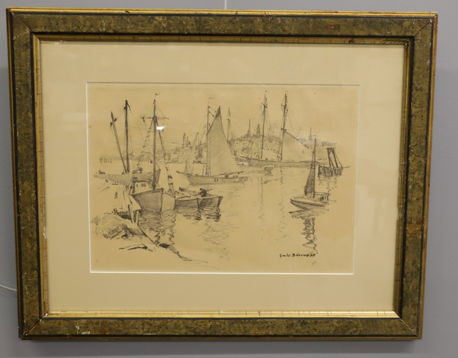 EMIL GRUPPE CHARCOAL: HARBOR SCENE WITH SAILBOATS SIGNED LOWER RIGHT 9 1/2" X 13 1/4" OVERALL 16 1/2" X 20 3/4" PLEASE READ CAREFULLY - Terms for Purchasing and Shipping of Auction Items. Please read carefully before biddi
