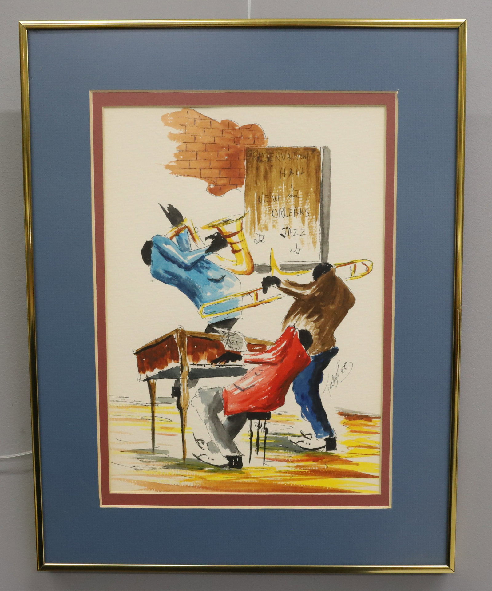 KEN TOUZET JAZZ WATERCOLOR: JAZZ PLAYERS ON STAGE SIGNED LOWER RIGHT 1988 VIEW SIGHT 13" 9 1/4" OVERALL 18 1/4" X 14 1/4' DOUBLE MATTED FRAMED PLEASE READ CAREFULLY - Terms for Purchasing and Shipping of Auction Items. Please re
