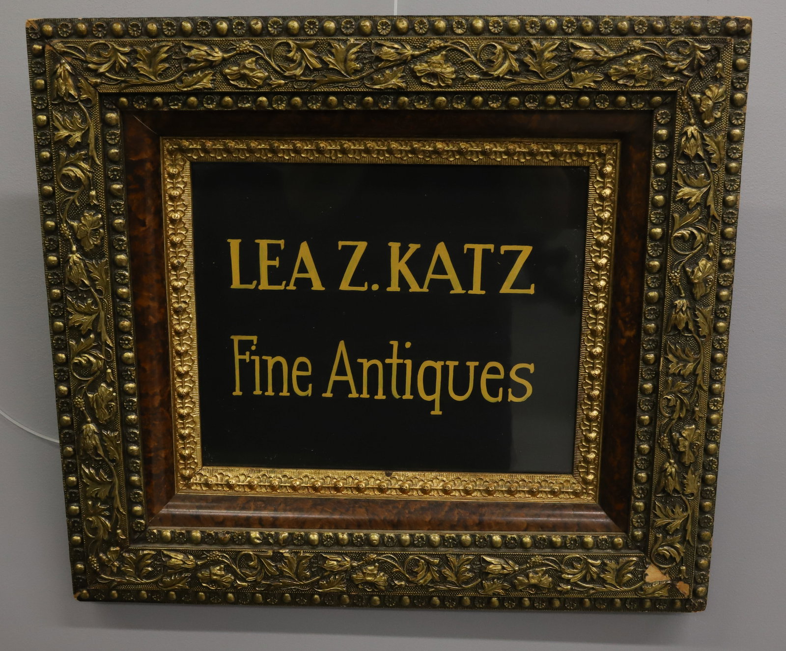 ADVERTISING WITH VICTORIAN ORNATE FRAME: " LEA Z. KATZ FINE ANTIQUES" FORMER SHOP IN THE POCONOS OVERALL 17 1/2" X 20" PLEASE READ CAREFULLY - Terms for Purchasing and Shipping of Auction Items. Please read carefully before bidding. Hartzell