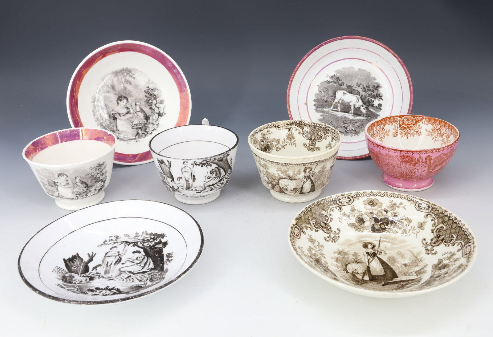 (4) GEORGIAN CUPS AND SAUCERS: SHEEP HERDER, CHILD WITH CAT, BROWN TRANSFER AGRICULTURE AND MISS MATCHED GOAT AND COW CUP/SAUCER 2 3/4" X 5"DIA PLEASE READ CAREFULLY - Terms for Purchasing and Shipping of Auction Items. Please read