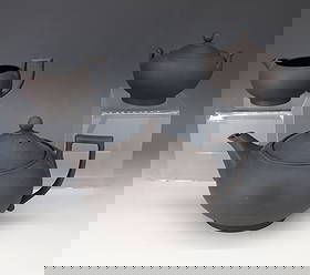 WEDGWOOD BLACK BASALT TEA SET: TEAPOT, CREAMER AND COVERED SUGAR BOWL TEAPOT MARK WEDGWOOD ONLY, CREAMER AND SUGAR MADE IN ENGLAND WEDGWOOD, TEAPOT SIZE 5 1/2" X 8 3/4" PLEASE READ CAREFULLY - Terms for Purchasing and Shipping of A