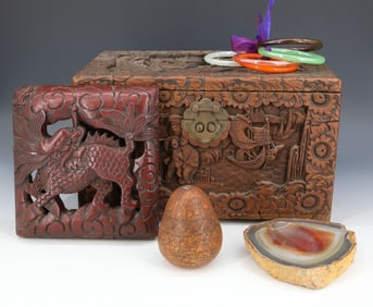 CHINESE CARVED WOOD BOX AND CONTENTS