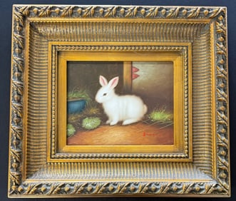 CONTEMPORARY OIL PAINTING OF RABBIT GOLD FRAME