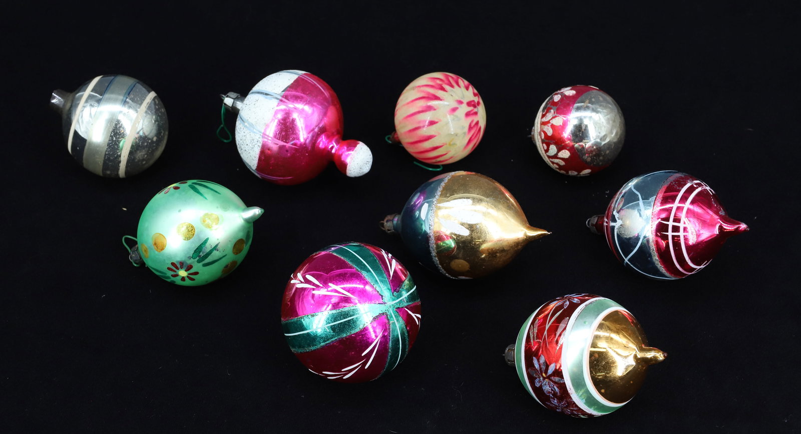 LOT OF VINTAGE CHRISTMAS ORNAMENTS: (9) VARIOUS GLASS ORNAMENTS. SOME MRKD. POLAND. LARGEST 3 3/4" L. ONE MISSING TOPPER. PLEASE READ CAREFULLY - THIS IS AN ONLINE ONLY AUCTION -Terms for Purchasing and Shipping of Auction Items. Please