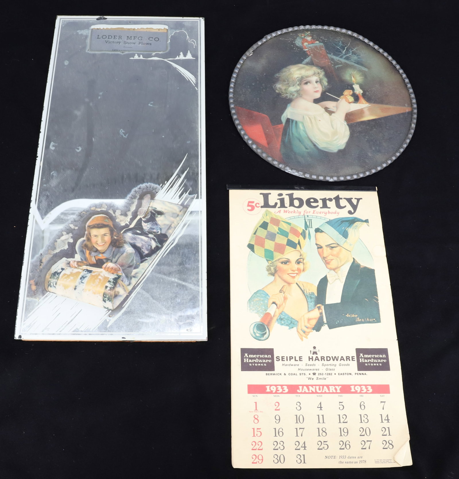CHIMNEY COVER AND ADVERTISING LOT: CHIMNEY COVER WITH CHILD DREAMING OF SANTA COMING DOWN THE CHIMNEY 9 5/8" D., 1933 SEIPLE HARDWARE (EASTON) CALENDAR AND "VICTORY SNOW PLOWS" MIRROR 18" X 8". (CHIP AT TOP AND PAINT LOSS). PLEASE READ