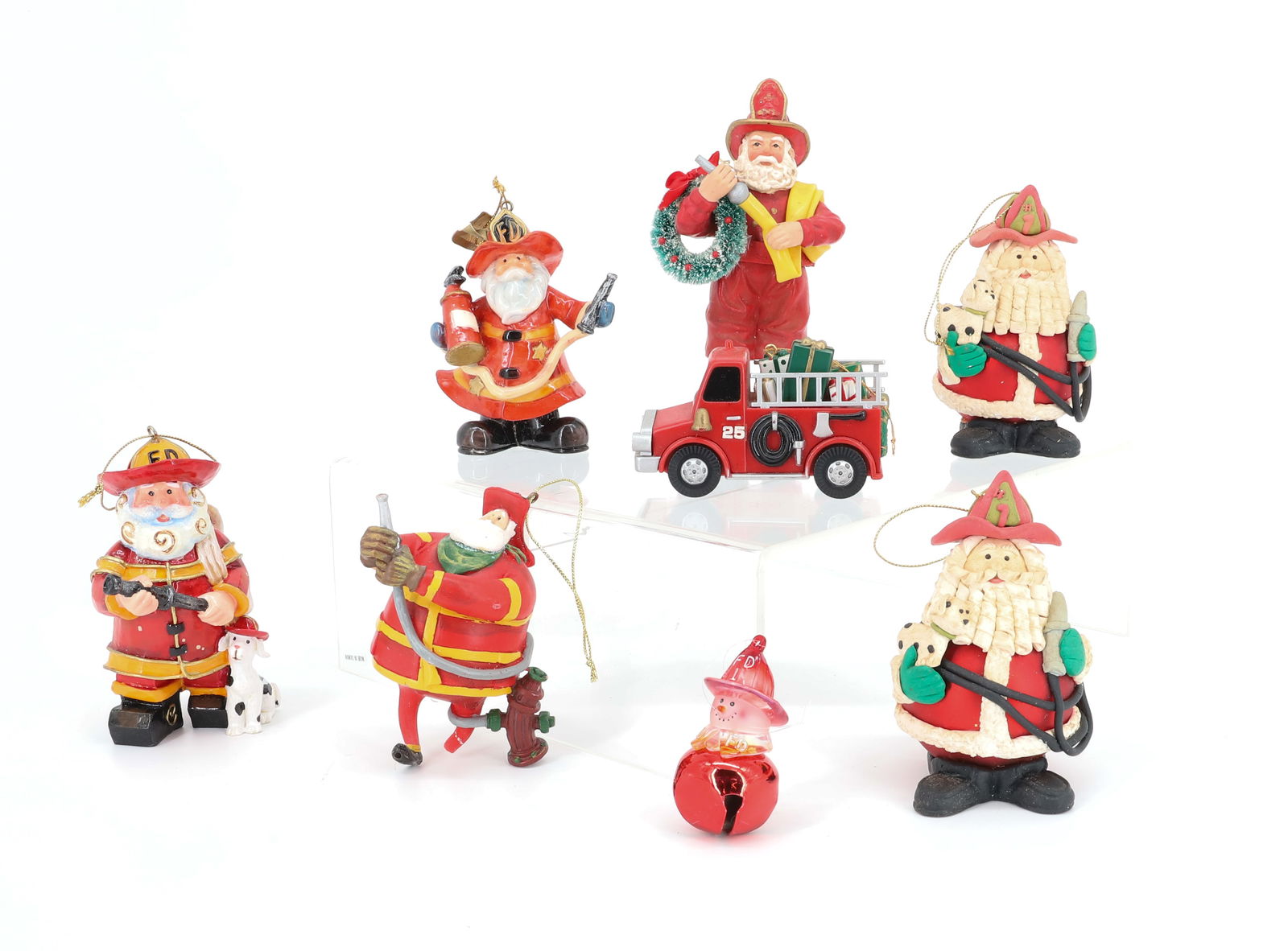 LOT OF CONTEMPORARY SANTA CLAUS / FIREMAN ORNAMENTS: (8) VARIOUS FIREMAN / SANTAS. LARGEST 6" L. PLEASE READ CAREFULLY - THIS IS AN ONLINE ONLY AUCTION -Terms for Purchasing and Shipping of Auction Items. Please read carefully before bidding. Hartzell?s