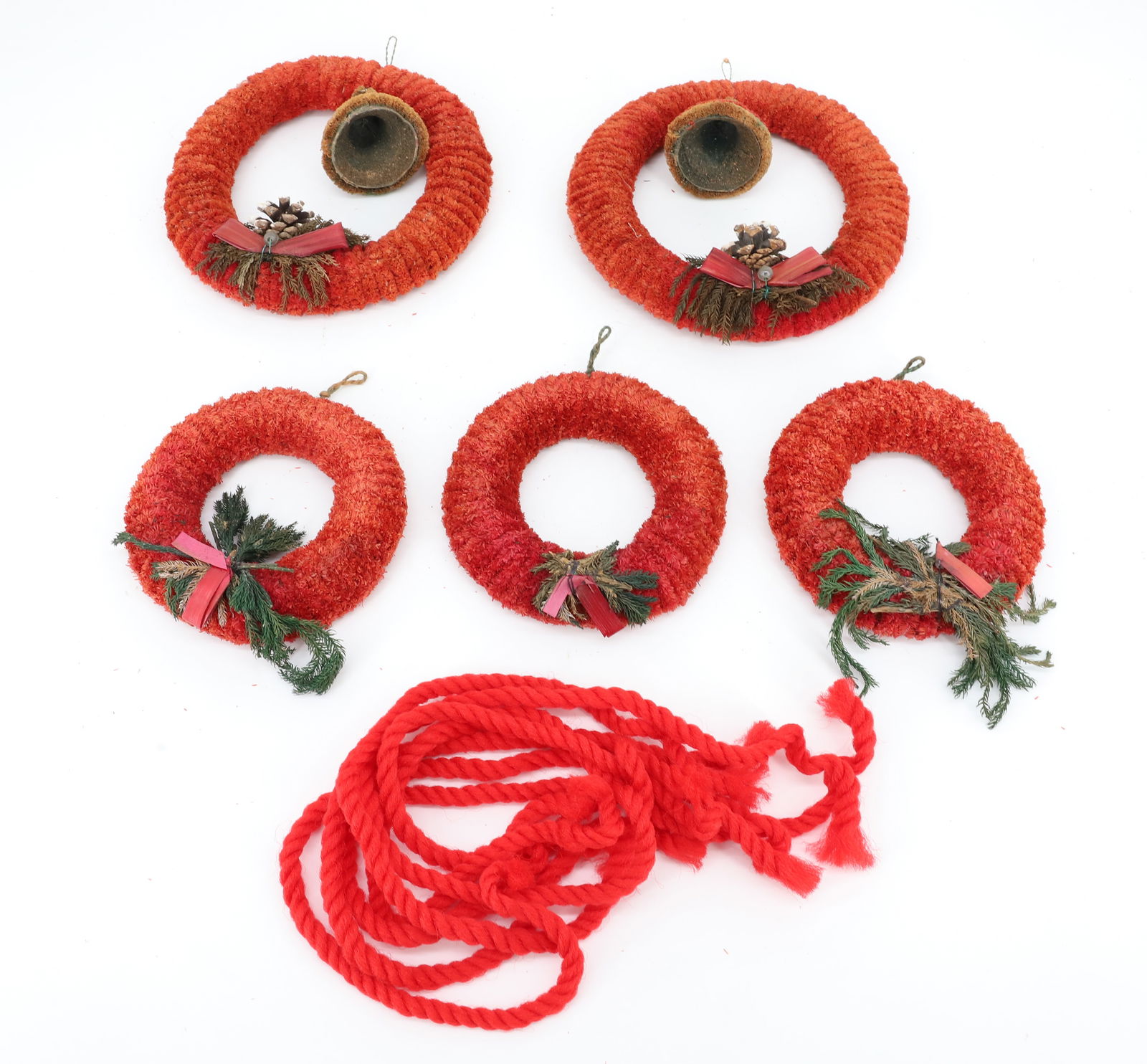LOT OF (5) CHENILLE CHRISTMAS WREATHS: TWO LARGER 7" D. WITH HANGING BELLS. THREE SMALLER 5 1/4" D. PLUS, LENGTHS OF TWISTED "RIBBON". PLEASE READ CAREFULLY - THIS IS AN ONLINE ONLY AUCTION -Terms for Purchasing and Shipping of Auction Ite