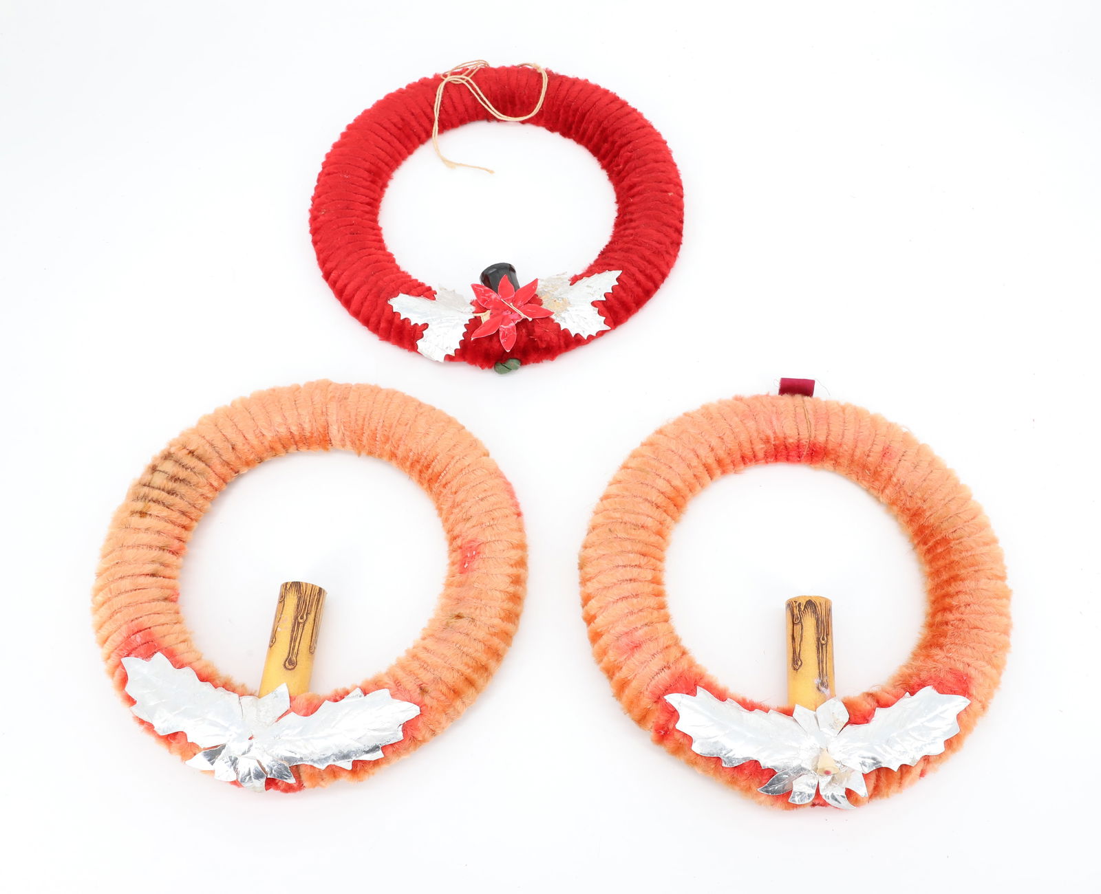 LOT OF (3) CHENILLE CHRISTMAS WREATHS: 9 1/2" D. ONE RED AND TWO FADED. ALL WITH FOIL LEAVES AND LIGHT BULB SOCKETS. NO CHORDS. PLEASE READ CAREFULLY - THIS IS AN ONLINE ONLY AUCTION -Terms for Purchasing and Shipping of Auction Items. Ple