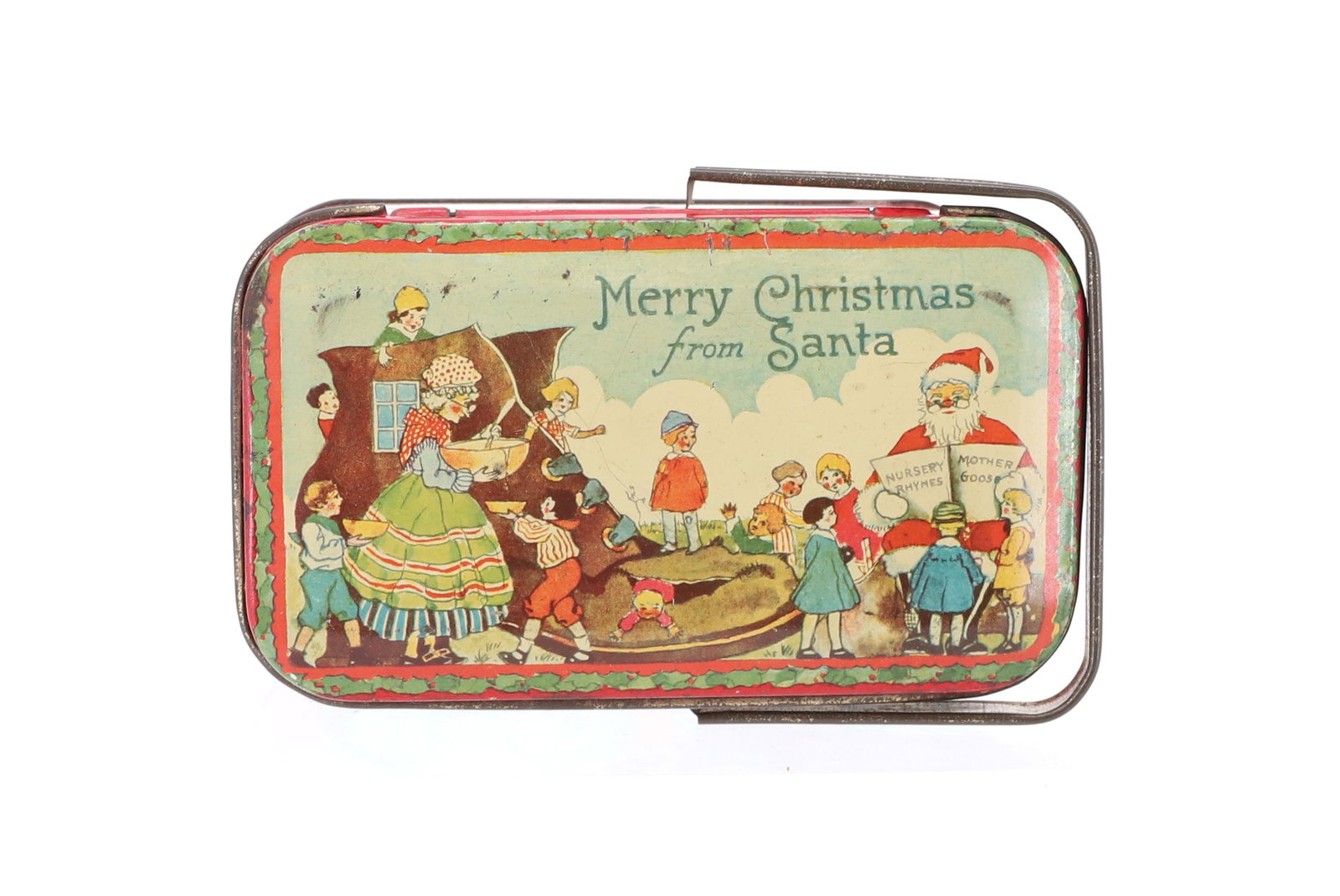 TIN LITHO "MERRY CHRISTMAS FROM SANTA" HANDLED TIN: MOTHER GOOSE NURSERY RHYMES ON ALL SIDES. TIN MARKED "TINDECO" ON BOTTOM WITH SWING HANDLE. 4 3/4" L. PLEASE READ CAREFULLY - THIS IS AN ONLINE ONLY AUCTION -Terms for Purchasing and Shipping of Aucti