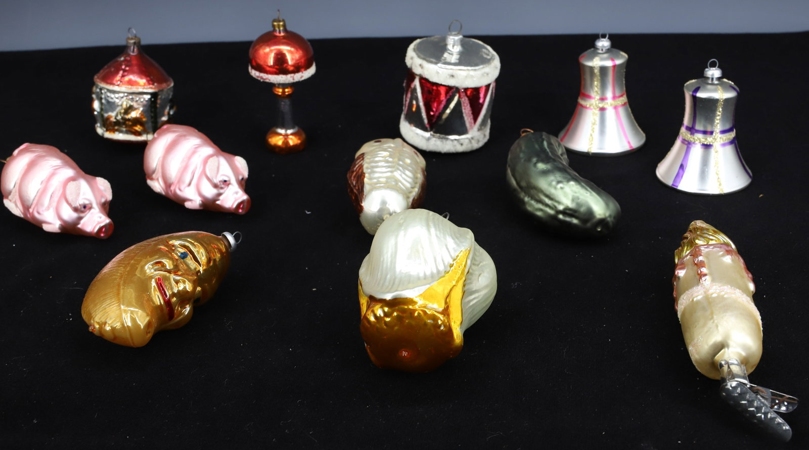 LOT OF VINTAGE GLASS CHRISTMAS ORNAMENTS: (12) VARIOUS ORNAMENTS. SOME MRKD. WEST GERMANY. LARGEST IS 4 1/2" L (CANDLE WITH CLIP AT BOTTOM). PLEASE READ CAREFULLY - THIS IS AN ONLINE ONLY AUCTION -Terms for Purchasing and Shipping of Auction 