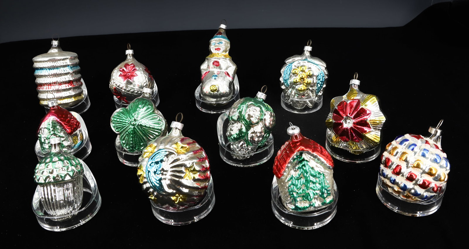LOT OF VINTAGE GLASS CHRISTMAS ORNAMENTS: (12) VARIOUS ORNAMENTS. MRKD. WEST GERMANY. LARGEST IS 3 3/4" L. PLEASE READ CAREFULLY - THIS IS AN ONLINE ONLY AUCTION -Terms for Purchasing and Shipping of Auction Items. Please read carefully befor