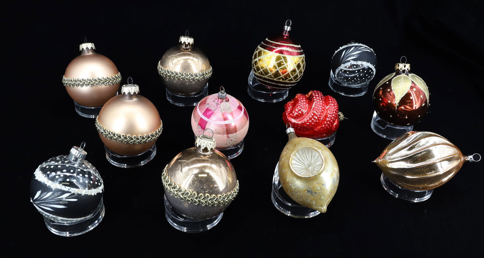 LOT OF VINTAGE GLASS CHRISTMAS ORNAMENTS: (12) VARIOUS STYLES AND SHAPES. MOST MRKD. WEST GERMANY. LARGEST 3 1/2" L. PLEASE READ CAREFULLY - THIS IS AN ONLINE ONLY AUCTION -Terms for Purchasing and Shipping of Auction Items. Please read caref