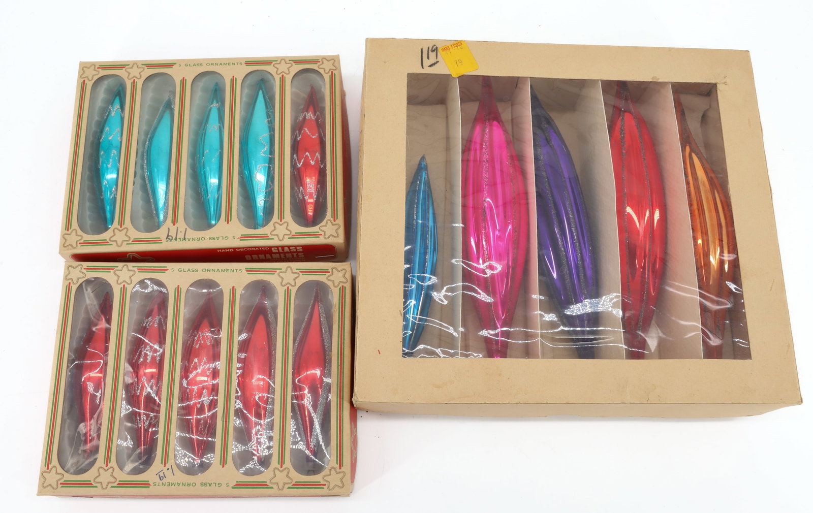 LOT OF VINTAGE GLASS CHRISTMAS ORNAMENTS: (3) BOXES. LARGEST MRKD. POLAND 6" TO 8 1/4" LENGTHS. SMALLER IN BOXES "MADE IN COLUMBIA". PLEASE READ CAREFULLY - THIS IS AN ONLINE ONLY AUCTION -Terms for Purchasing and Shipping of Auction Items. P