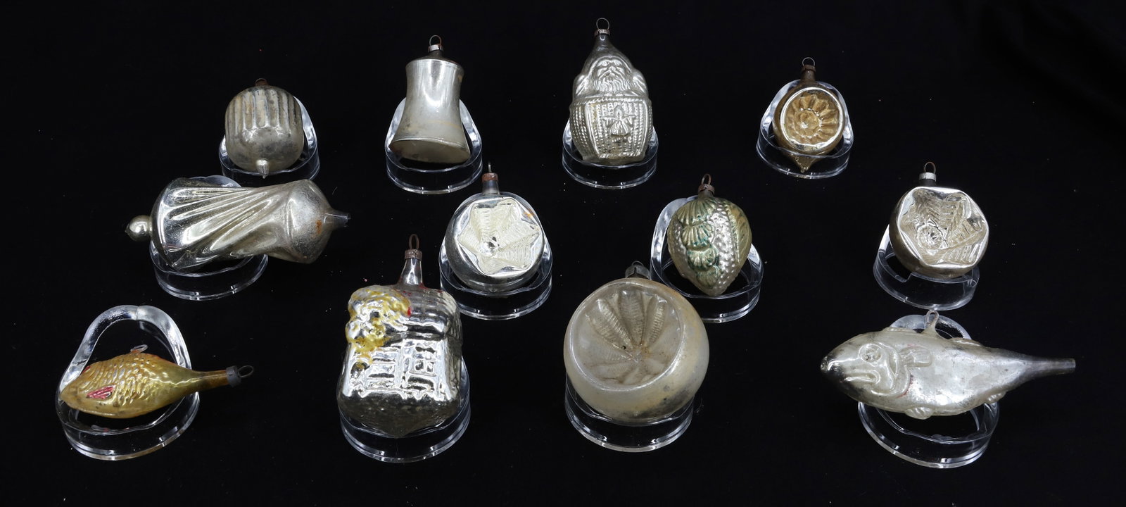 LOT OF VINTAGE GLASS CHRISTMAS ORNAMENTS: (12) VARIOUS SIZE AND SHAPES. MOST MRKD. GERMANY. LARGEST 4 1/2" L. PLEASE READ CAREFULLY - THIS IS AN ONLINE ONLY AUCTION -Terms for Purchasing and Shipping of Auction Items. Please read carefully be