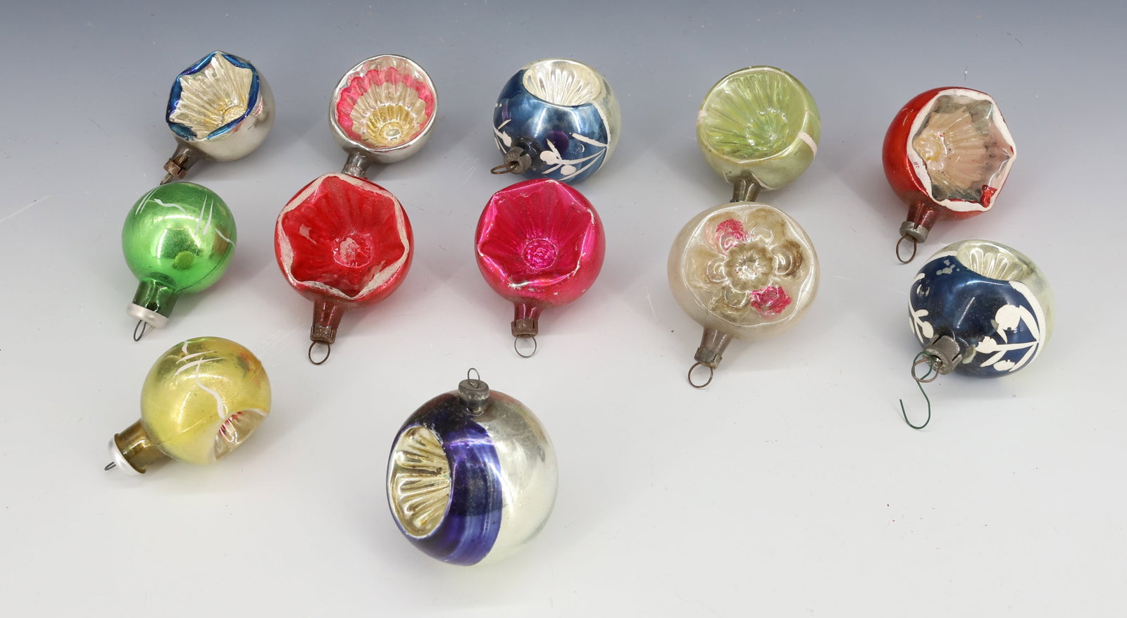 LOT OF VINTAGE GLASS CHRISTMAS ORNAMENTS: (12) SMALL SIZE ORNAMENTS. LARGEST 2" L. SOME MRKD. POLAND AND SOME UNMARKED. PLEASE READ CAREFULLY - THIS IS AN ONLINE ONLY AUCTION -Terms for Purchasing and Shipping of Auction Items. Please read ca