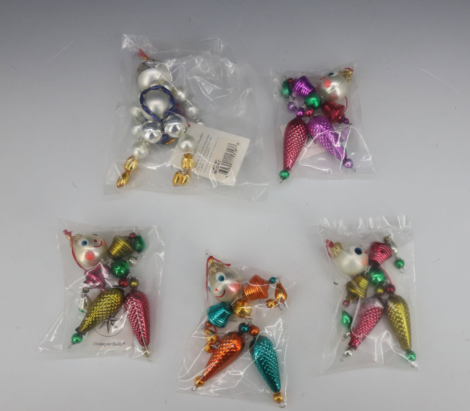 (5) VINTAGE CHRISTOPHER RADKO GLASS ORNAMENTS: MADE IN CZECH REPUBLIC. LARGEST 5". ORIGINAL TAGS. PLEASE READ CAREFULLY - THIS IS AN ONLINE ONLY AUCTION -Terms for Purchasing and Shipping of Auction Items. Please read carefully before bidding. Har
