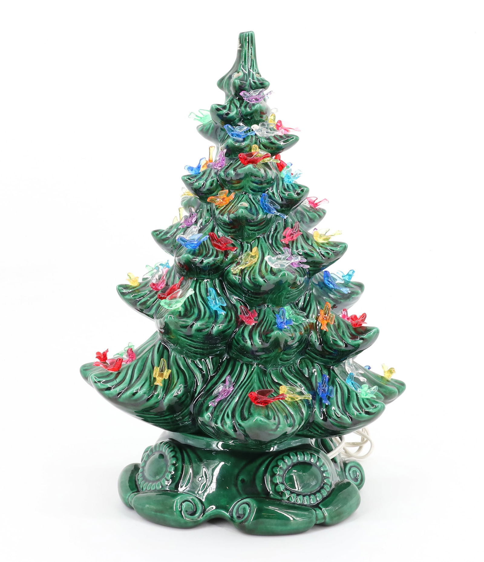 VINTAGE GREEN CERAMIC CHRISTMAS TREE: COLORED PLASTIC BIRDS. 16" H. PLEASE READ CAREFULLY - THIS IS AN ONLINE ONLY AUCTION -Terms for Purchasing and Shipping of Auction Items. Please read carefully before bidding. Hartzell?s Auction Galle