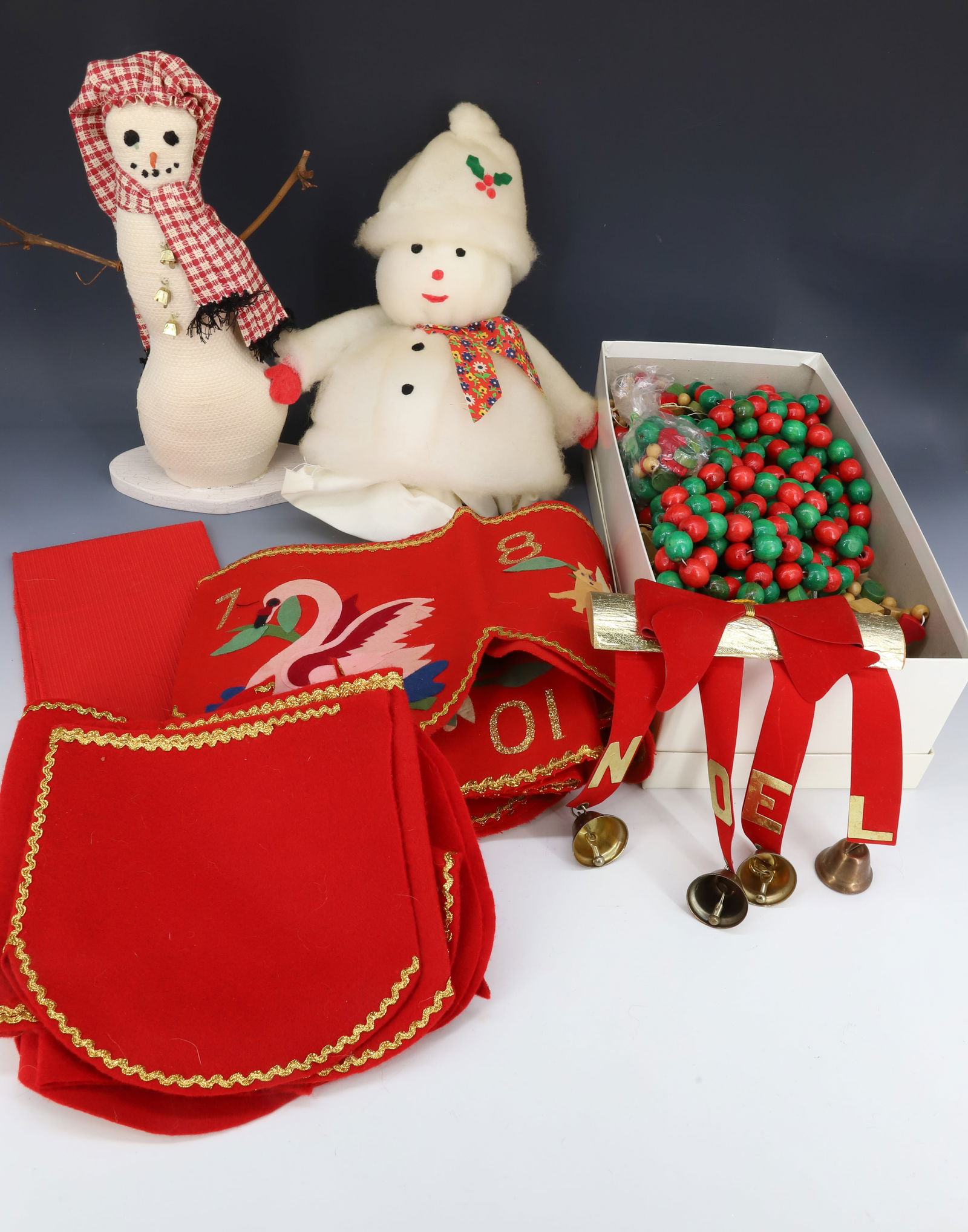 LOT OF VINTAGE / CONTEMPORARY CHRISTMAS DECORATIONS: INCLUDING: SNOWMEN, WOODEN BEADS, FELT "12 DAYS OF CHRISTMAS" AND MORE. PLEASE READ CAREFULLY - THIS IS AN ONLINE ONLY AUCTION -Terms for Purchasing and Shipping of Auction Items. Please read carefull