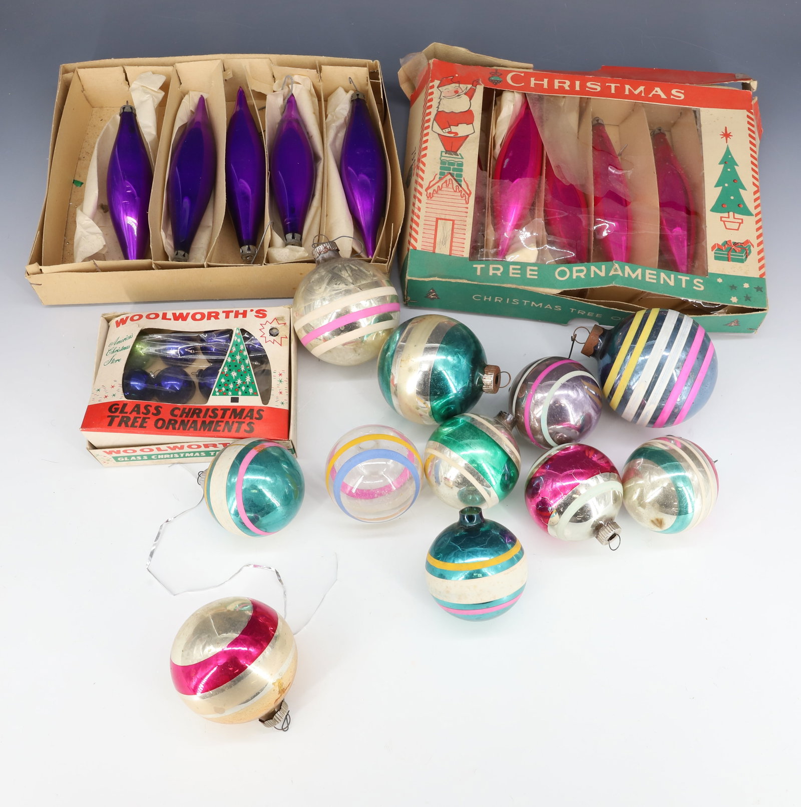 LOT OF VINTAGE CHRISTMAS ORNAMENTS: INCLUDING: SHINY BRITE STRIPED BALLS, OBLONG MRKD. POLAND AND MORE. PLEASE READ CAREFULLY - THIS IS AN ONLINE ONLY AUCTION -Terms for Purchasing and Shipping of Auction Items. Please read carefully be