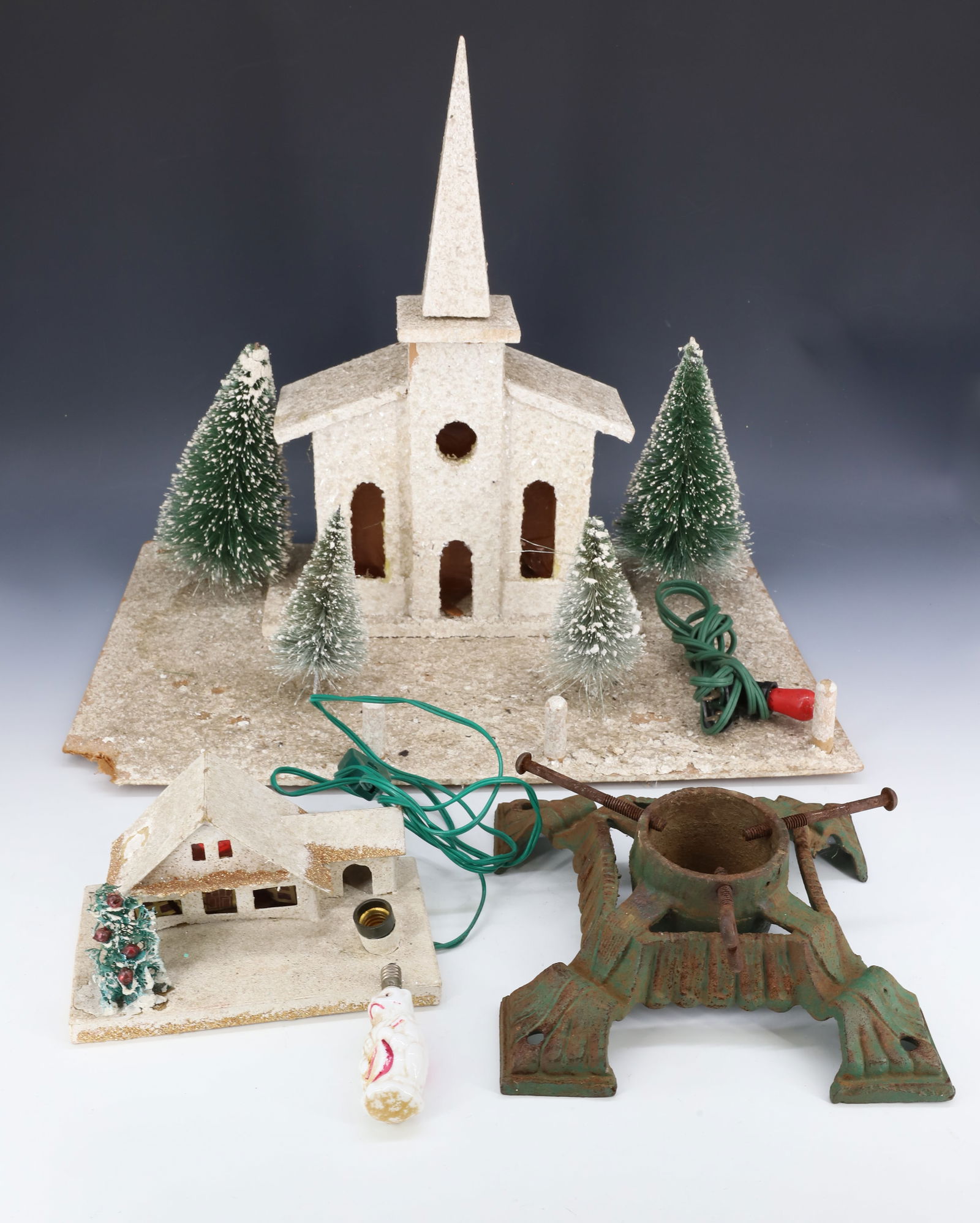 LARGE PUTZ CHURCH, HOUSE, BEAR BULB AND TREE STAND (1 of 6)