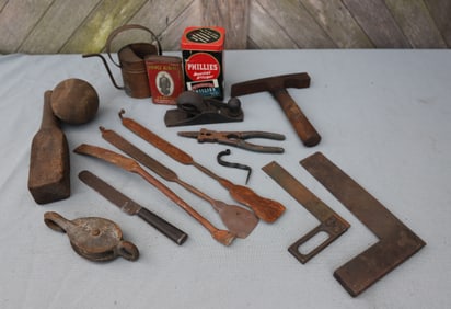 ANTIQUE TOOLS AND ADVERTISING TINS