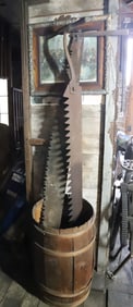 WOODEN BARREL AND VTG. SAWS