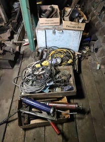 WOODEN BOX, LIGHTS AND TOOLS