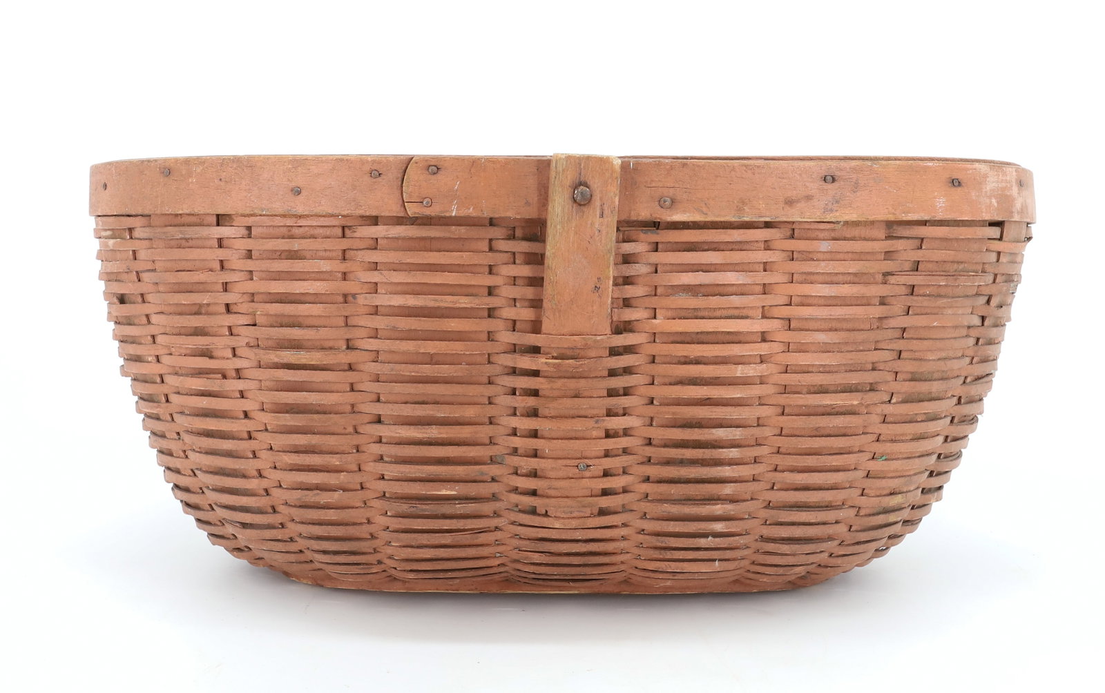 PAINTED WOVEN BASKET: SALMON PAINTED SURFACE. SOLID WOODEN OVAL BOTTOM. 8" X 18 1/2" X 13 1/2". PLEASE READ CAREFULLY - Terms for Purchasing and Shipping of Auction Items. Please read carefully before bidding. Hartzell?s A