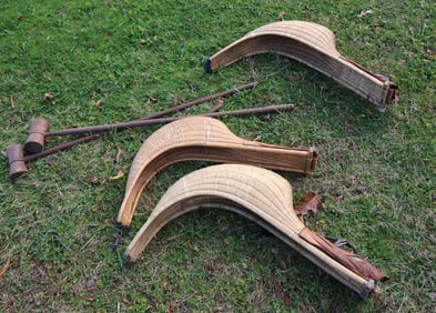 (3) JAI ALAI CESTAS AND WOODEN MALLETS