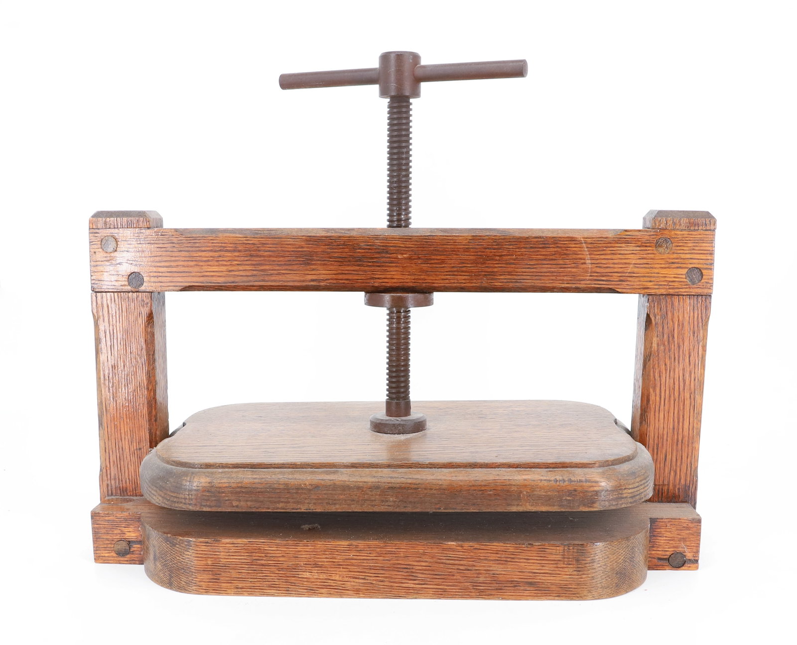 OAK WOODEN PRESS: CRANK LINEN OR BOOK PRESS. PEGGED WOODEN CONSTRUCTION. IRON HANDLE. 18 3/4" L. PLEASE READ CAREFULLY - Terms for Purchasing and Shipping of Auction Items. Please read carefully before bidding. Hartzel