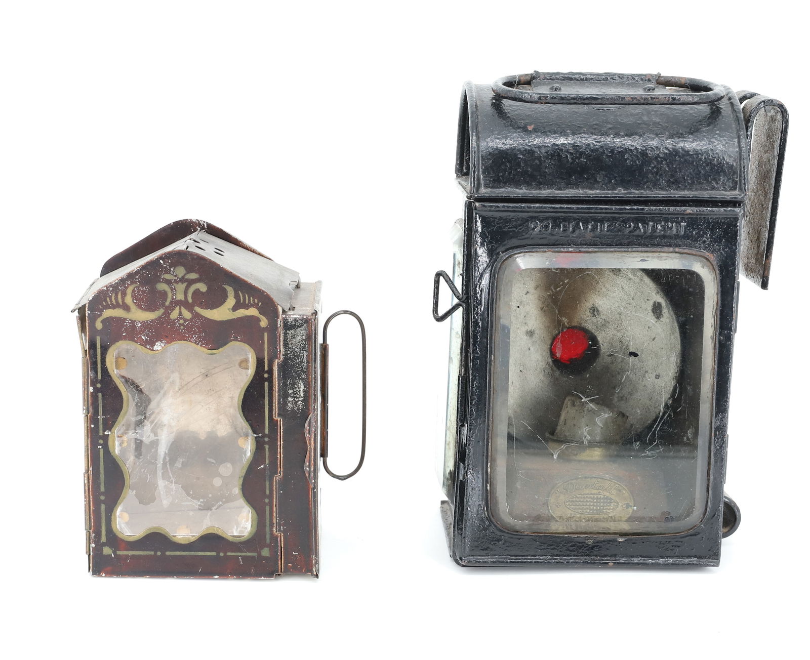 (2) ANTIQUE LANTERNS: PAINTED METAL WITH BEVELED GLASS "DUNTAFIL" LANTERN 7 3/4" H. WITH, "MINOR'S PATENT" FOLDING LANTERN (1865) 5 1/4" H. PLEASE READ CAREFULLY - Terms for Purchasing and Shipping of Auction Items. Please