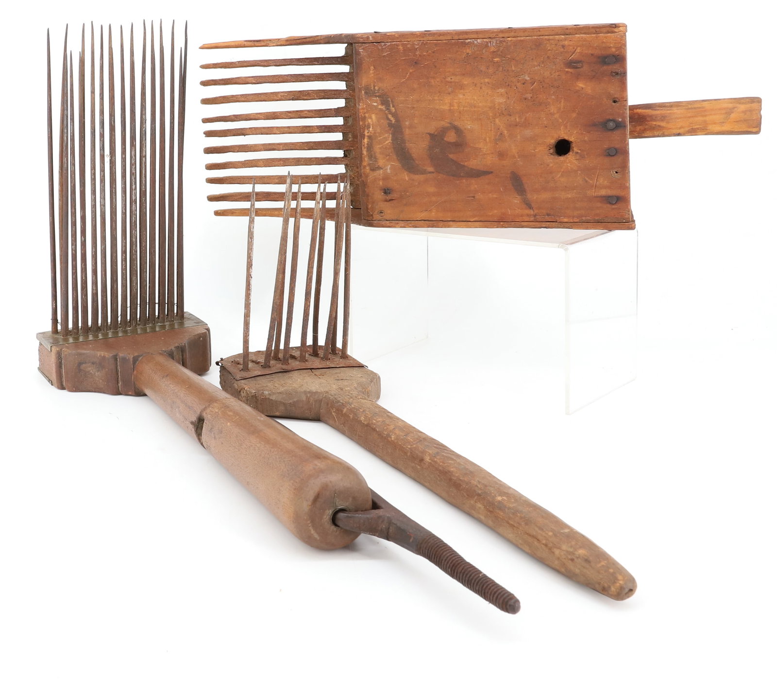 (2) FLAX RAKES AND CRANBERRY SCOOP: LARGE FLAX RAKE IRON/BRASS/WOOD. 19" X 10 1/4". HANDMADE WOODEN CRANBERRY SCOOP 16 1/2" L. PLEASE READ CAREFULLY - Terms for Purchasing and Shipping of Auction Items. Please read carefully before bidd