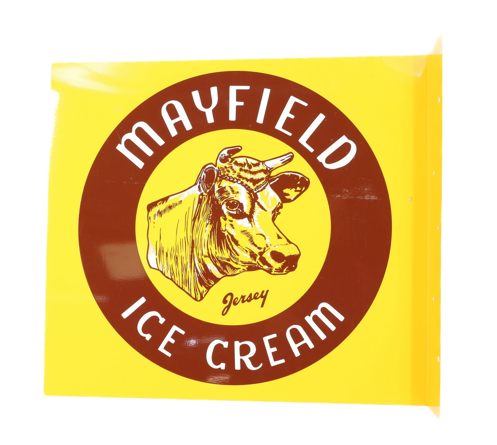 TIN "MAYFIELD ICE CREAM" SIGN: DOUBLE-SIDED FLANGE SIGN. 18" X 20". PLEASE READ CAREFULLY - Terms for Purchasing and Shipping of Auction Items. Please read carefully before bidding. Hartzell?s Auction Gallery. Hartzell's Auction Ga