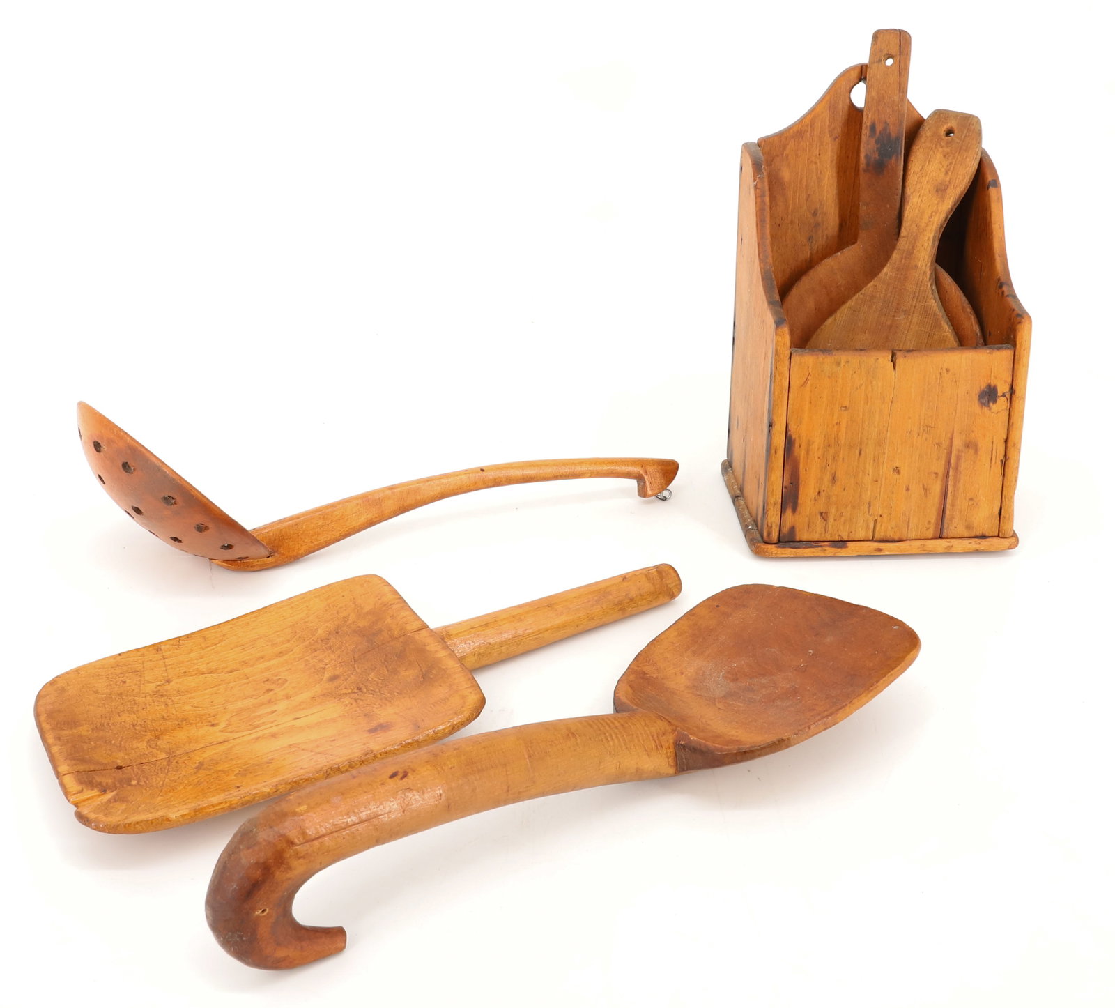 LOT OF WOODENWARE SCOOPS, PADDLES: VARIOUS BUTTER SCOOPS, PADDLES, STRAINER AND HANGING WALL BOX. LARGEST 12 1/2" L. PLEASE READ CAREFULLY - Terms for Purchasing and Shipping of Auction Items. Please read carefully before bidding. Hart