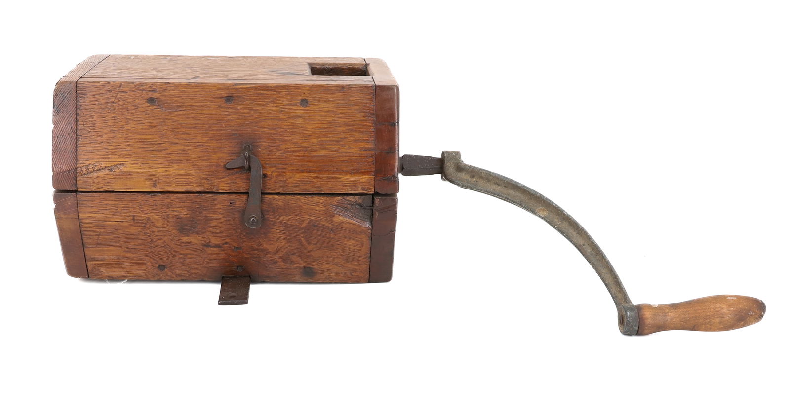 19TH C. PRIMITIVE WOODEN GRINDER: MEAT OR HORSERADISH GRINDER. WOODEN CASE WITH IRON BLADES/PRONGS AND METAL HANDLE. WOODEN CASE 11 1/2" L. PLEASE READ CAREFULLY - Terms for Purchasing and Shipping of Auction Items. Please read carefu