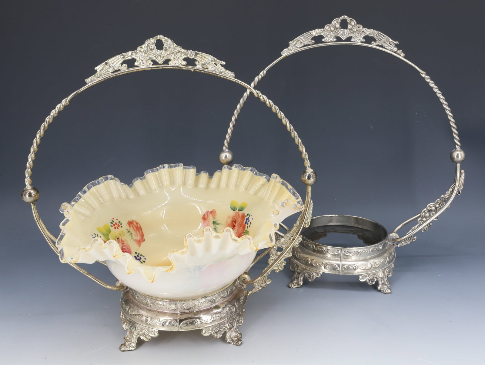 VICTORIAN BRIDE'S BASKET: ORNATE HOLDER WITH RUFFLED HAND PAINTED BOWL. 11 1/2" X 11 1/2". MATCHING HOLDER ONLY (SLIGHTLY LARGER THAN OTHER). PLEASE READ CAREFULLY - Terms for Purchasing and Shipping of Auction Items. Please r