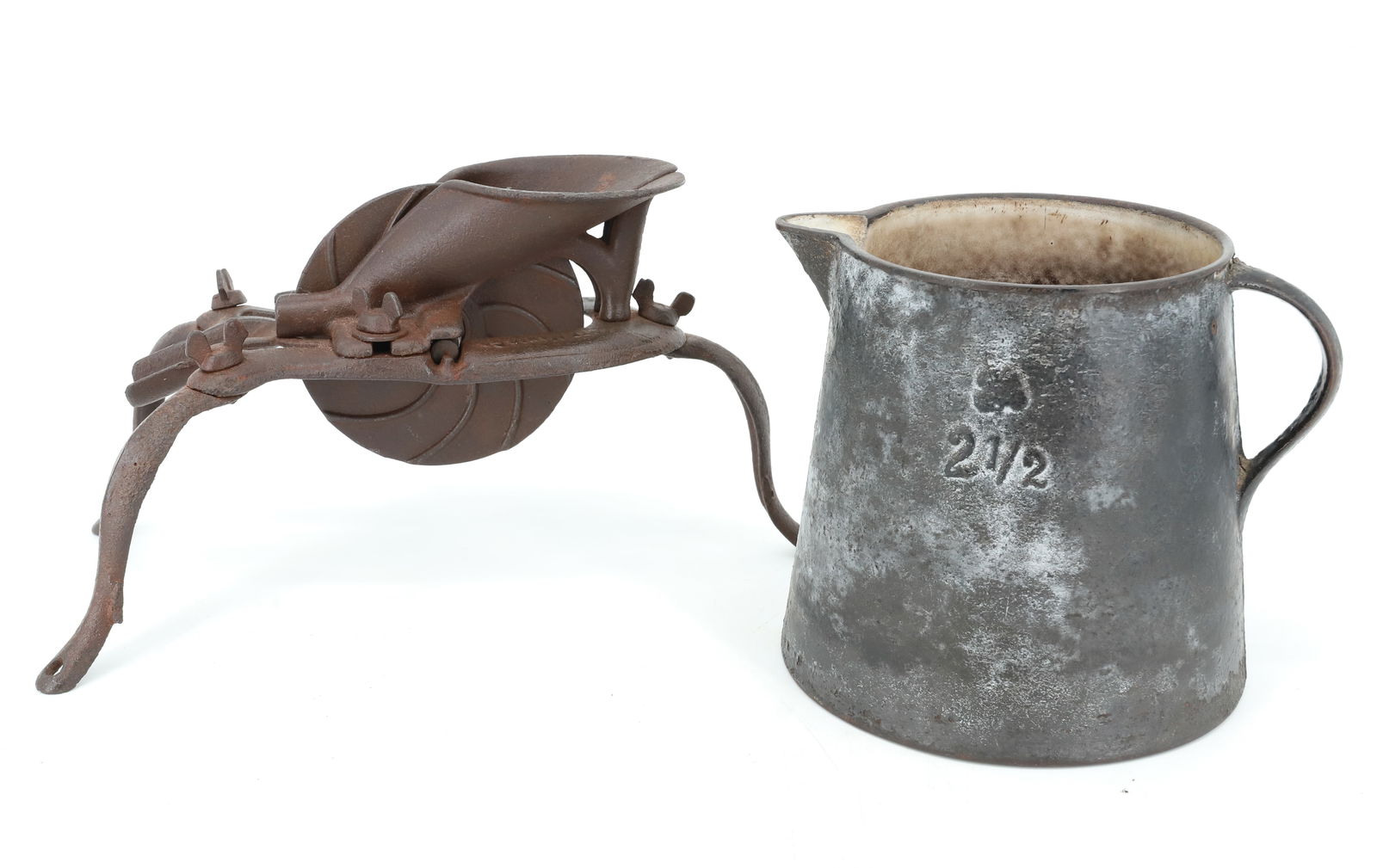 CAST IRON CHERRY PITTER AND PITCHER: CHERRY PITTER MRKD. SCOTT MFG. CO., BALTIMORE, MD. WITH, CAST IRON MEASURE / PITCHER MRKD. 2 1/2 WITH CLOVER 6 1/2" H. PLEASE READ CAREFULLY - Terms for Purchasing and Shipping of Auction Items. Pleas