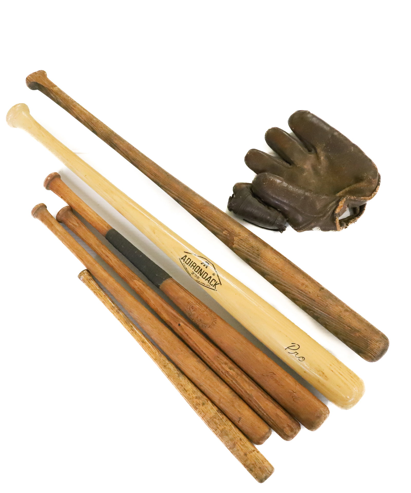 LOT OF BASEBALL BATS AND GLOVE: SIX VARIOUS SIZED BATS AND LEATHER GLOVE. LONGEST 34". PLEASE READ CAREFULLY - Terms for Purchasing and Shipping of Auction Items. Please read carefully before bidding. Hartzell?s Auction Gallery. Har