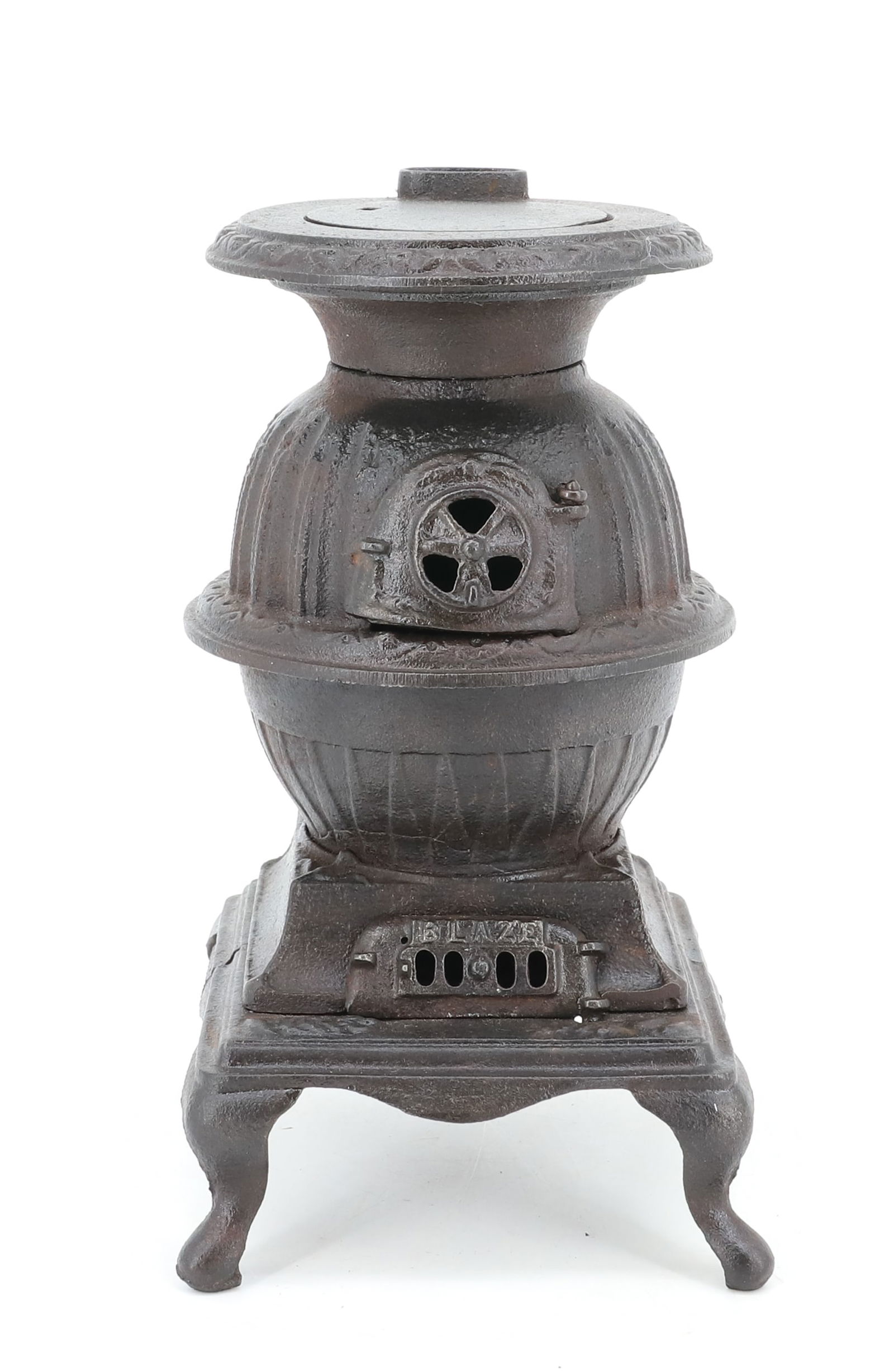 MINIATURE CAST IRON STOVE, "BLAZE": POT BELLY STOVE. DOOR AT BOTTOM MRKD. BLAZE. 7 3/4" H. PLEASE READ CAREFULLY - Terms for Purchasing and Shipping of Auction Items. Please read carefully before bidding. Hartzell?s Auction Gallery. Har