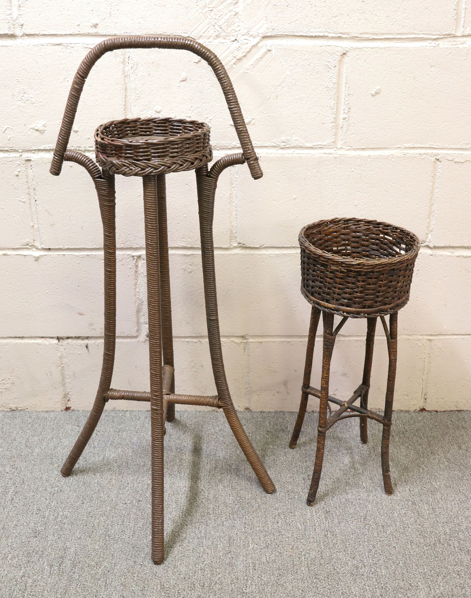 FIBER AND WICKER PLANT STANDS: TALLER HAS BROWN PAINTED SURFACE. 20" AND 28" HEIGHTS. PLEASE READ CAREFULLY - Terms for Purchasing and Shipping of Auction Items. Please read carefully before bidding. Hartzell?s Auction Gallery. Har