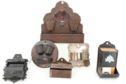 LOT OF TIN / CAST IRON MATCH HOLDERS