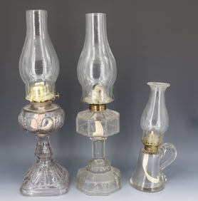 (3) PRESSED GLASS KEROSENE LIGHTS
