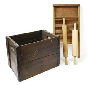 WASHBOARD, CRATE AND ROLLING PINS