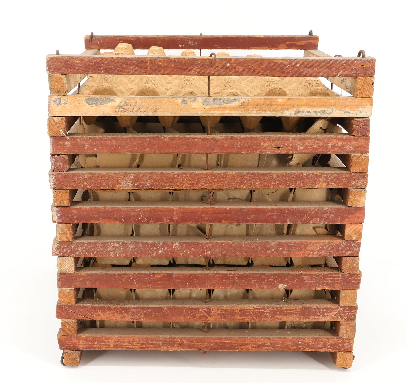 PAINTED WOODEN EGG CRATE: RED PAINTED EXTERIOR WITH CARDBOARD LAYERS. 14 1/4" X 13 1/4" X 13 1/4". PLEASE READ CAREFULLY - Terms for Purchasing and Shipping of Auction Items. Please read carefully before bidding. Hartzell?s Au