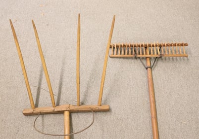 WOODEN HAY FORK AND RAKE